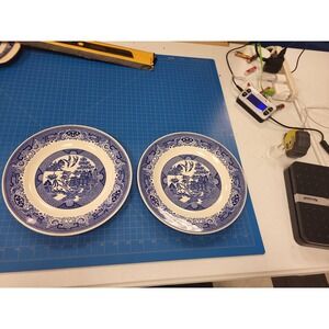 Willow Ware Royal China Blue White Plates Set 2 Vintage Dinnerware 10 Inch